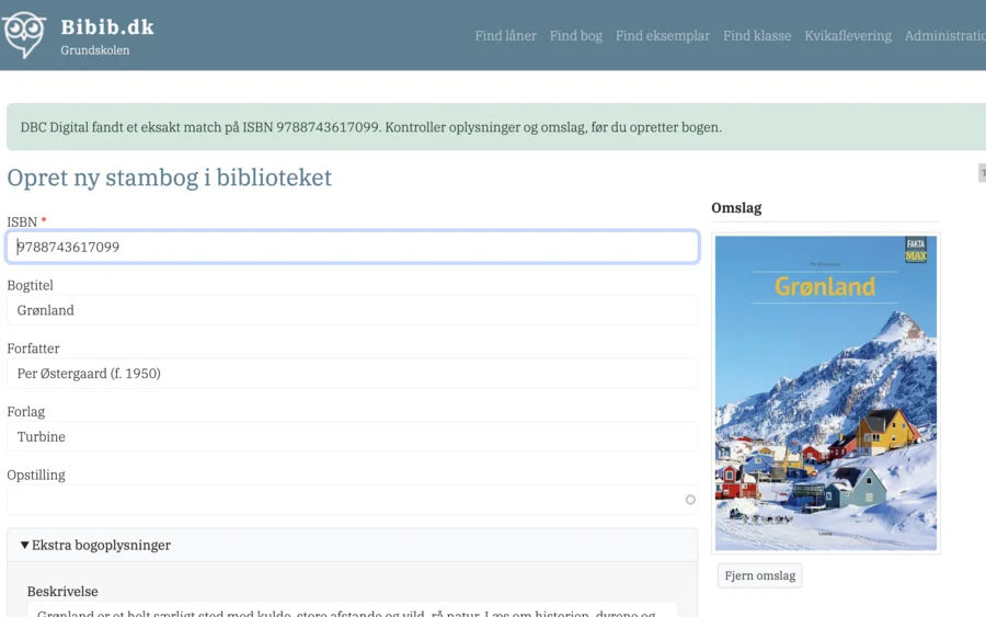 Opret ny bog – oplysningerne hentes automatisk via ISBN
