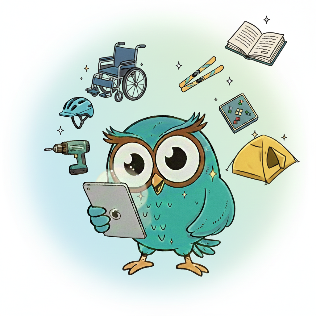 En meget glad ugle står og låner ting ud.